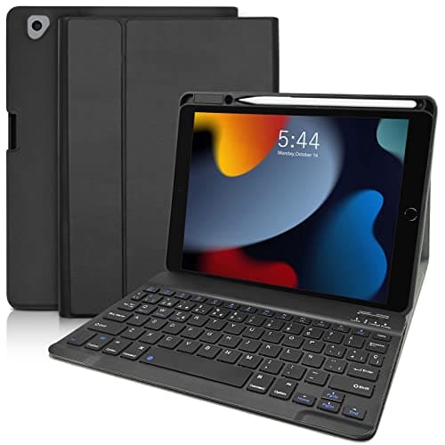 Funda con Teclado Español Ñ para iPad 10.2,YUEJIDZ Funda Teclado para iPad 9th 2021/8th 2020/7th 2019,iPad Pro 10.5/Air 3 con Inalámbrico Bluetooth Desmontable Teclado(QWERTY)y Ranura de Lápiz,Negro