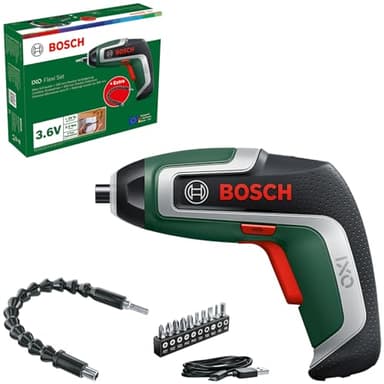 Bosch Atornillador con batería compacto IXO Flexi Set (atornillado flexible; 7ª generación; 3,6 V; 2,0 Ah; ampliación flexible y cable micro USB; plegable hasta 180°; 10 puntas)