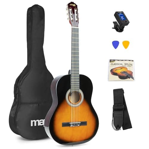 MAX SoloArt Guitarra clasica con cuerdas de nailon para Principiantes Adultos - guitarra flamenca con Funda, Afinador, Púa, Correa y Accesorios. Guitarra Española 4/4 en color Sunburst