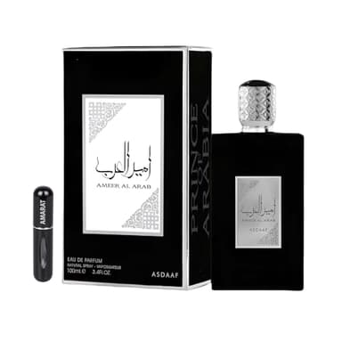 Perfume Ameer Al Arab Original 100ML, Perfume Árabe Unisex de Larga Duración, EDP Importado desde Dubái, Incluye Atomizador Recargable 5ML, Fragancia de Jazmín, Cardamomo y Sándalo (Black)