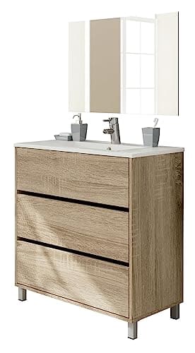 MUEBLES PITARCH | Conjunto Mueble de Baño con Lavabo cerámico y Espejo Incluido, 3 Cajones, 80cm Ancho, con Patas, Blanco, para Lavabo encastrado, Estilo Moderno Modelo Kalma