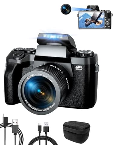 Ade Cámara Digital 4K 64MP Cámara de Fotos, con Pantalla táctil de 4.0", Zoom Digital 16X Cámara compacta con Lente Gran Angular y Macro, WiFi, Bolsa para cámara, Cámara Dual