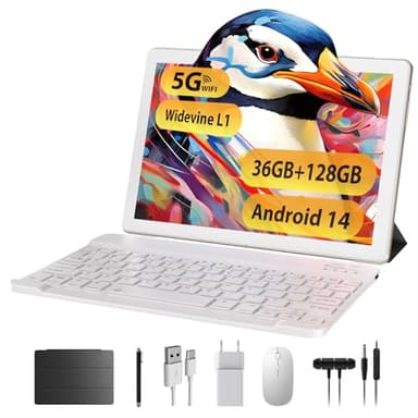 TIGERFU Tablet 10 Pulgadas Android 14, Tablet PC 5G WiFi 36GB RAM+128GB ROM(TF 1TB), Octa-Core 2.0 GHz, BT5.0, Batería 8000mAh, 8MP+5MP, Widevine L1, Tableta 2 en 1 con Teclado, Lápiz, Funda - Dorado