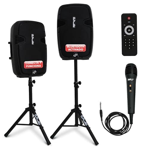 Pyle Kit de Sistema PA, Portátil, Inalámbrico, 1800W, Bluetooth, Activo + Pasivo, Sonido Interior/Exterior, Entradas USB, SD, AUX, XLR, RCA, Incluye 2 Soportes, Micrófono Cableado, Mando a distancia
