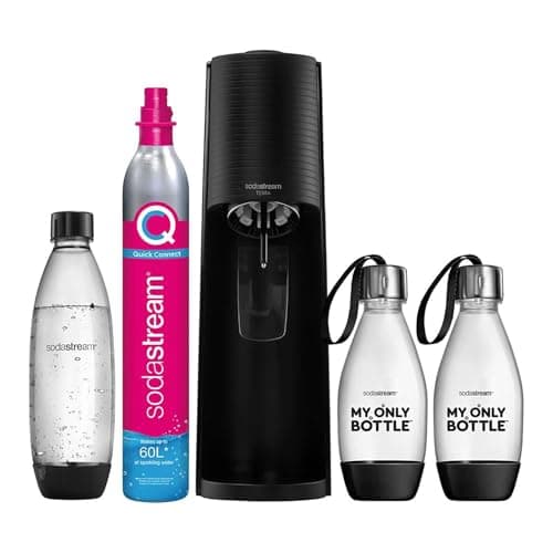 SodaStream Terra Pack - Máquina Gasificadora de Agua Color Negro, Incluye 1 Botella Fuse de 1L 2 Botellas Fuse de 0,5L y 1 Cilindro de Gas Color Rosa, para Preparar hasta 60L de Agua con Gas