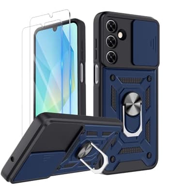 COPIKE Funda Armor para Samsung Galaxy A16 5G con 2 Piezas Cristal Templado, Carcasa Cubierta de Cámara Deslizante Proteger con Soporte Giratorio de Anillo y Silicona TPU Antigolpes, Azul
