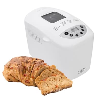 Adler AD 6019 Panificadora, sin Gluten, 15 Programas, Hasta 1,5Kg, Temporizador, Inicio Programado, Amasar, Fermentar, Hornear, Pantalla LCD, Blanca