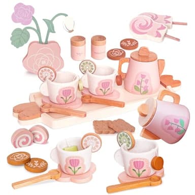 Smartwo Juego de Té para Niñas 24 PCS, Juguete de Madera para Cocina Niño, Accesorios y Decoración de Casas Muñecas y Cocinita Infantil, Regalo 2 3 4 Años, Jugar Postre y Tetera para Fiesta y Picnic
