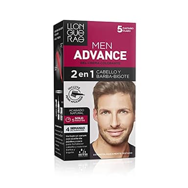 Llongueras – Men Advance, Gel Crema Colorante 2 en 1, para Cabello y Barba-Bigote, con Aceite de Jojoba, Coloración Masculina, Nutre e Hidrata, Acabado Natural en 5 Minutos, Tono 5, Castaño Claro