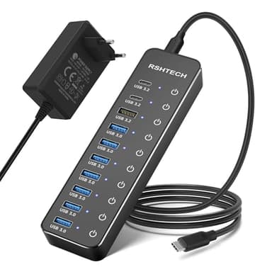 Hub USB Alimentación, RSHTECH Hub USB 3.2/USB C 10 Puertos con Puertos Datos USB-A 3.2 y 2X USB-C 3.2 10Gbps, 7 Puertos USB-A 3.0 y Alimentación 12V/5A, Interruptores Individuales USB HUB, RSH-ST10C
