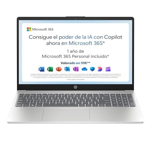 HP 15-fd0186ns - Ordenador portátil de 15.6" FHD (Intel N100, 4GB RAM, 128GB UFS, Intel UHD, Windows 11) Plata - Teclado QWERTY Español - Incluye Microsoft 365 Personal 12 Meses
