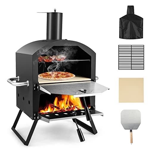GOPLUS Horno de Pizza al Aire Libre con 31cm de Piedra, Calentador de Pizza con 2 Niveles y Patas Plegables, Horno de Pizza de Acero Inoxidable para Barbacoa, Horno de Leña Carbón Hasta 605ºC