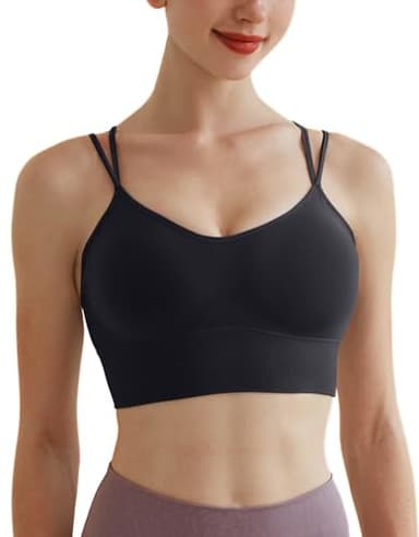 Memoryee Sujetadores Deportivos Mujeres Acolchado Cruzado Volver Strappy Sin Aros Push Up Impacto Medio Chaleco Crop Top para Correr Yoga Danza Negro XL