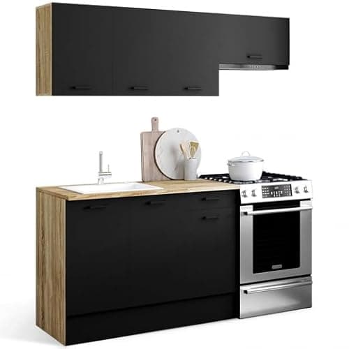 IDMarket - Cocina completa 180 cm SUBTIL con encimera 5 elementos madera y negro