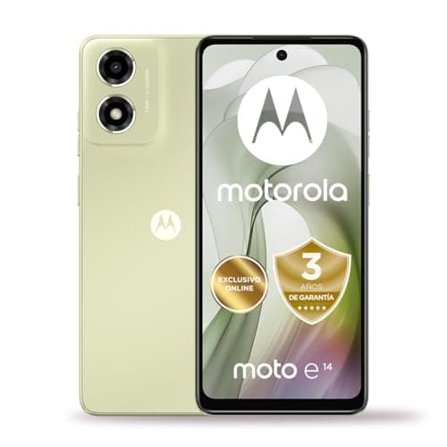 Motorola Moto E14, 4GB(2+2GB RAM Boost)/64GB, Pantalla HD+6,56" y 90 Hz, Sonido Dolby Atmos, cámara con IA, Android 14, 5000 mAh,Carga TurboPower 15W (Incluido), procesador Octa-Core,Dual SIM,Verde