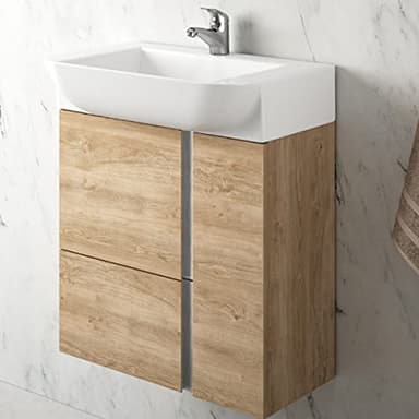 Coycama Mueble de Baño Suspendido a Pared Fondo Reducido Versa | Mueble Aseo Pequeño Volado 1 cajón 2 Puertas con Lavabo Cerámico (Roble Natural, 55 cm)