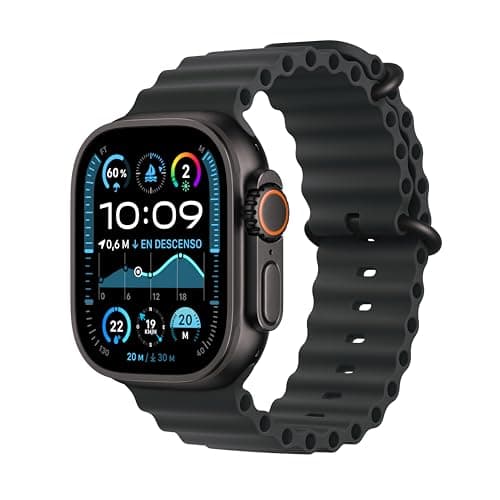 Apple Watch Ultra 2 GPS + Cellular Smartwatch, reloj deportivo con caja de titanio negro resistente de 49 mm y Correa Ocean Negro. Monitor de entreno, GPS de alta precisión y pantalla Retina brillante