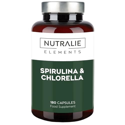 Espirulina y Chlorella 1800mg - Detox Energía Fuerza - Efecto Saciante - Cansancio y Fatiga - Vegana - BIO-disponible - Spirulina Pura 100% Vegana - 180 Cápsulas Nutralie