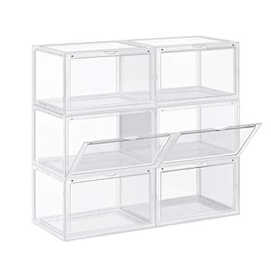 SONGMICS Cajas para zapatos, 6 unidades, apilables, con puerta, plástico, tamaño hasta 46, 36 x 28 x 22 cm, transparente LSP06CW