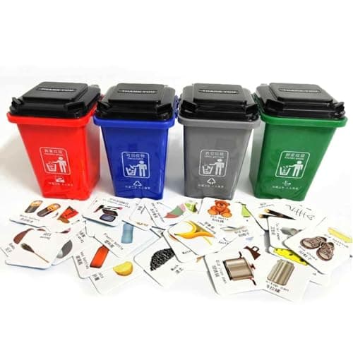 QYEW Mini cubo de basura con tapa abatible, juego de clasificación de basura, juguete para niños con pegatinas de letras, paquete de 4