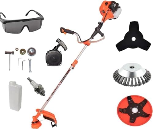 Desbrozadora Gasolina Profesional Multifunción 2 Tiempos de 65CC, 3CV - Podadora con Sistema Antivibración y Cortadora, Corta Cesped con Correa para Hombro, Disco de Corte y Carrete Incluidos