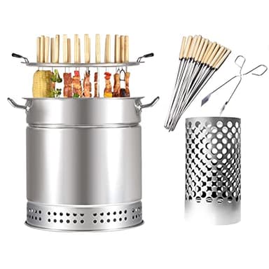Parrilla de barril ahumador de carbón sin humo, horno dividido de acero inoxidable con 50 brochetas Kabob, tostado completo de 360°, separación de carbón de aceite, estufa colgante vertical para