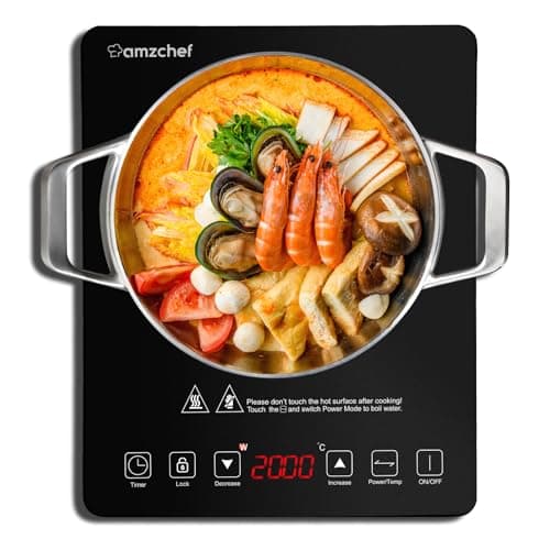 Placa Inducción Portatil AMZCHEF, placa de inducción de 2000 W con cuerpo delgado, 20 niveles de potencia, 20 configuraciones de temperatura, temporizador de 3 horas, negro