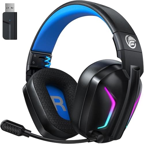 Fachixy Cascos Gaming Inalámbricos para PC, PS5, PS4, Auriculares Gaming Inalámbricos de 2,4GHz Wireless+Bluetooth - Baja Latencia, Duración 40Hr+, Luces RGB(Azul)