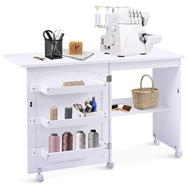 GOPLUS Mueble para Máquina de Coser, Mesa Plegable de Costura con 5 Ruedas y 4 Estantes, Armario Organizador de Costura y Manualidades, Escritorio Gabinete de Costura para Hogar, Estudio (Blanco)