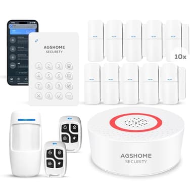 AGSHOME Alarmas para Casa, Kit Alarma casa 15 Pack con App: 120dB, Control Remoto, Notificaciones sin Suscripción, Batería de Respaldo de 8 Horas, Compatible con Alexa (A-15Pack)