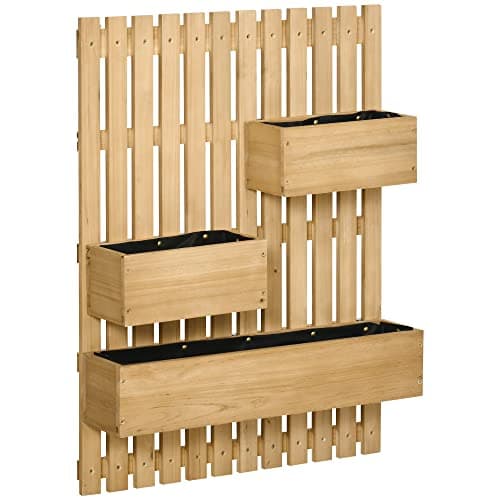 Outsunny Jardinera de Pared con Enrejado Jardinera Vertical de Madera con 3 Macetas Móviles y Orificio de Drenaje para Exterior Jardín Terraza Patio 60x16x80 cm Natural