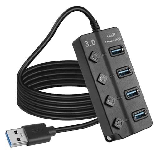HATMINI Hub expansor USB3.0 de 4 Puertos de 1 pie, concentrador de Datos rápido USB 3.0 con interruptores de Encendido/Apagado LED Individuales, Extensor de Puerto USB (5FT)