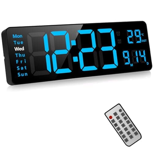 AnExer Despertador Digital, 13" Reloj de Pared LED Digital Grande, Moderno Reloj Despertador Digital con Control Remoto, UP/Down Cronómetro, Brillo Ajustable, Fecha, Día, Alarma, Temperatura (Azul)