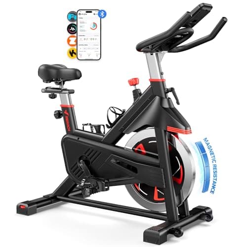 MERACH Bicicleta Estática con Resistencia Magnética, Bicicleta Spinning en Casa Silenciosa con Asiento Cómodo Mejorado, Pantalla LCD, Soporte para Tableta, Aplicación Exclusiva, Capacidad Máxima 136kg