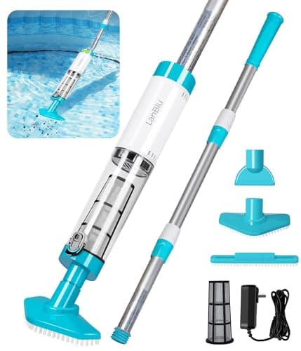 LanBlu Aspirador de Piscina con Pértiga Telescópica, Aspirador Piscina Bateria Tiempo de Funcionamiento hasta 90 Min, Aspiradora Piscinas Fondos con Potente Succión, Limpiafondos Piscina Manual SPA