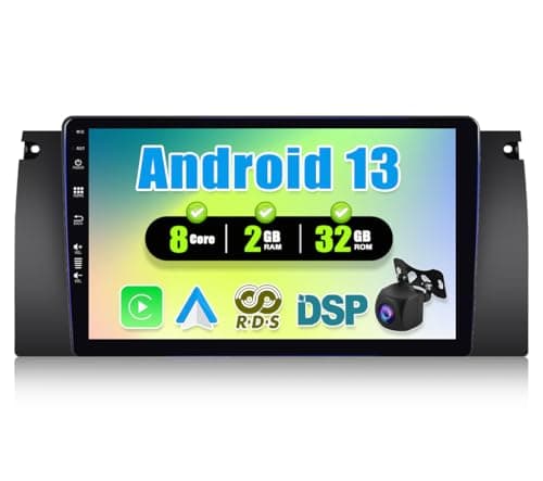 8Core CAMECHO Android 13 Radio de Coche para BMW 5 E39 E53 M5 X5 (1996-2007) con DSP,2G+32G Pantalla de 9 Pulgadas con Carplay Android Auto Mirror Link Navi WiFi Bluetooth FM/RDS+Cámara Trasera