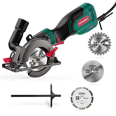 HYCHIKA Mini Sierra Circular 750W con Motor de Cobre Puro, 3 Cuchillas, 3500 RPM, Corte: 48mm/90º, 32mm/45º, Extrarator de Polvo, Sierra para Azulejo, Madera, Metal Blando