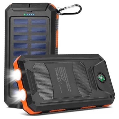Cargador Solar 20000mAh, Power Bank con 2 Puertos Salida USB, Mosquetón, Linterna LED y Brújula, Batería Externa Impermeable Portátil, Banco de Energía Solar para Smartphones, Tablets, Cámping