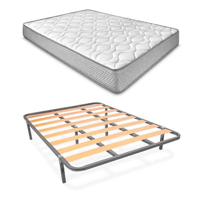 Duérmete Online - Cama Completa con Colchón Marko Reversible + Somier de Láminas Basic con 6 Patas Abrazadera, 135 x 190