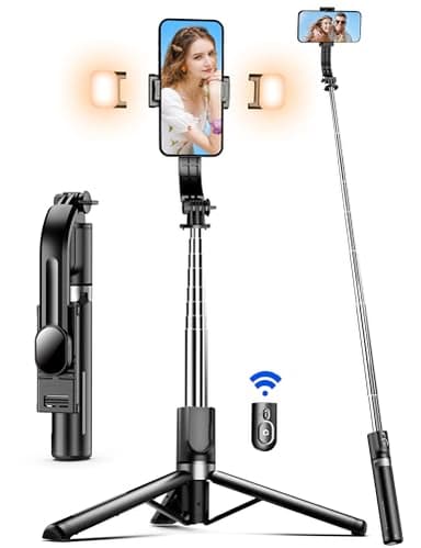 Palo Selfie Tripode para Movil - Trípode Mejorado - 2 Luces de Relleno, 115CM Selfie Stick con Control Remoto Desmontable, 360° Rotación para iPhone 14/13/12/11/XS/XR, Samsung, Xiaomi y Más