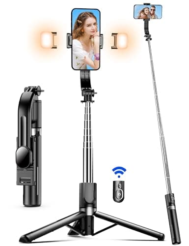 Palo Selfie Tripode para Movil - Trípode Mejorado - 2 Luces de Relleno, 115CM Selfie Stick con Control Remoto Desmontable, 360° Rotación para iPhone 14/13/12/11/XS/XR, Samsung, Xiaomi y Más