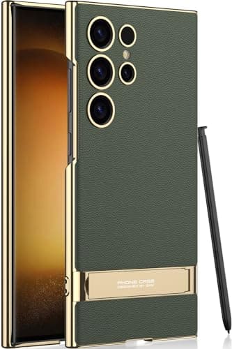 SOUTEM para Samsung Galaxy S24 Ultra Funda de Vegano Cuero con 4 Modos Ajustable Soporte, Agarre Suave y Fexible Delgado de Lujo a Prueba de Golpes para Samsung Galaxy S24 Ultra(Verde)