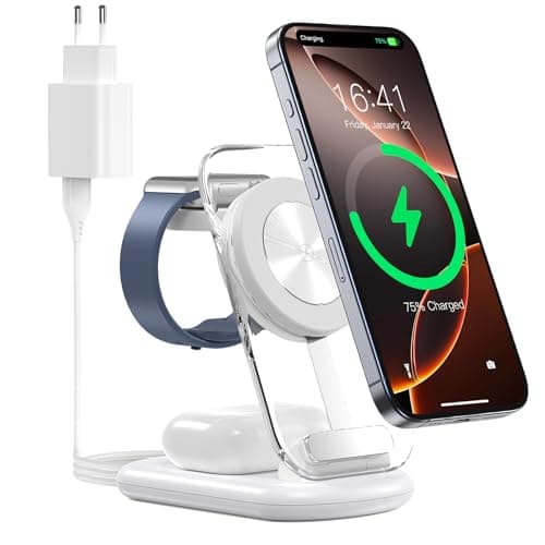 Estación de Carga inalámbrica 3 en 1 para mag-Safe, Cargador magnético inalámbrico Plegable y Ajustable, Soporte de Carga de Viaje mag-Safe con luz para iPhone 16/15/14, AirPods, Apple Watch, Blanco