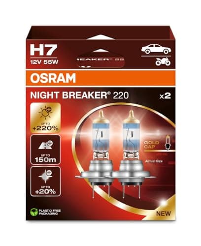 OSRAM NIGHT BREAKER 220, H7, 220% más brillo, lámpara de faro halógeno, 64210NB220-2HB, Caja plegable (2 lámparas)