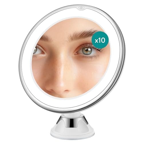 Navaris Espejo Aumento x10 con Luz - Espejo de Aumento con Luz LED y Ventosa - Espejo Aumento Ventosa Giratorio 360° - Espejo Aumento Baño Maquillaje y Depilación - 17,5 cm