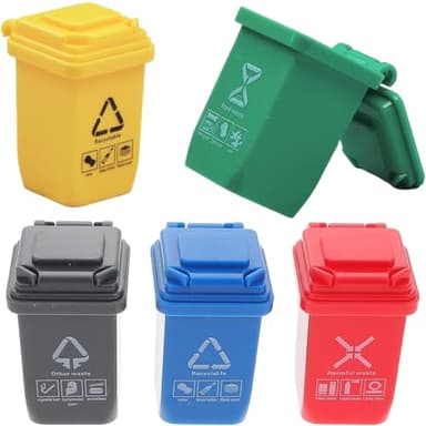 BLPRKOT 5 Piezas Botes de basura en miniatura con tapas abiertas, pequeño cubo de basura modelo mini cubo de basura para vehículos en la acera, mini cubo de basura para niños pequeños escala