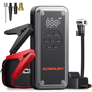 Acmount Arrancador de Baterias de Coche Portátil con Compresor de Aire, 12V 4000A Cargador Baterias Coche y Moto para 9.0L Gasolina o 8.0L Diesel, 150 PSI Compresor de Aire con Pantalla LCD, Luz LED
