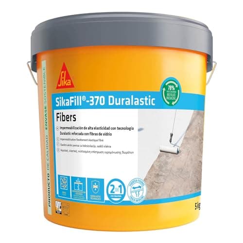SIKA, Impermeabilización reforzada con fibra, SikaFill 370 Fibers, Blanco, Pintura acrílica con fibras de vidrio para impermabilización de cubiertas y terrazas visitables, Puenteo de fisuras, 5kg