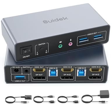 SUIDEK HDMI Displayport KVM Switch, 2 Computadoras 2 Monitores 4K@60Hz KVM Switcher Monitor Dual para 2 PC, 3 Puertos USB 3.0 Soporta Modo Extendido/Espejo con Controlador de Escritorio y 2 Cables USB