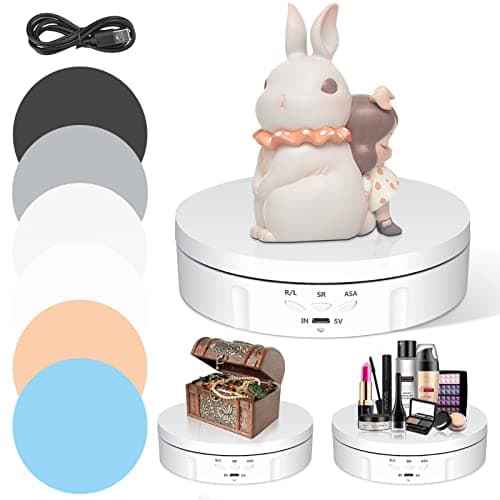 Base Giratoria Electrica, VAYOTOY Plataforma Giratoria Electrica de 360 Grados 6in/14.6cm 10KG con 6 Papeles de Fondo Carga USB 3 Velocidades Ajustables para Visualización y Fotografía